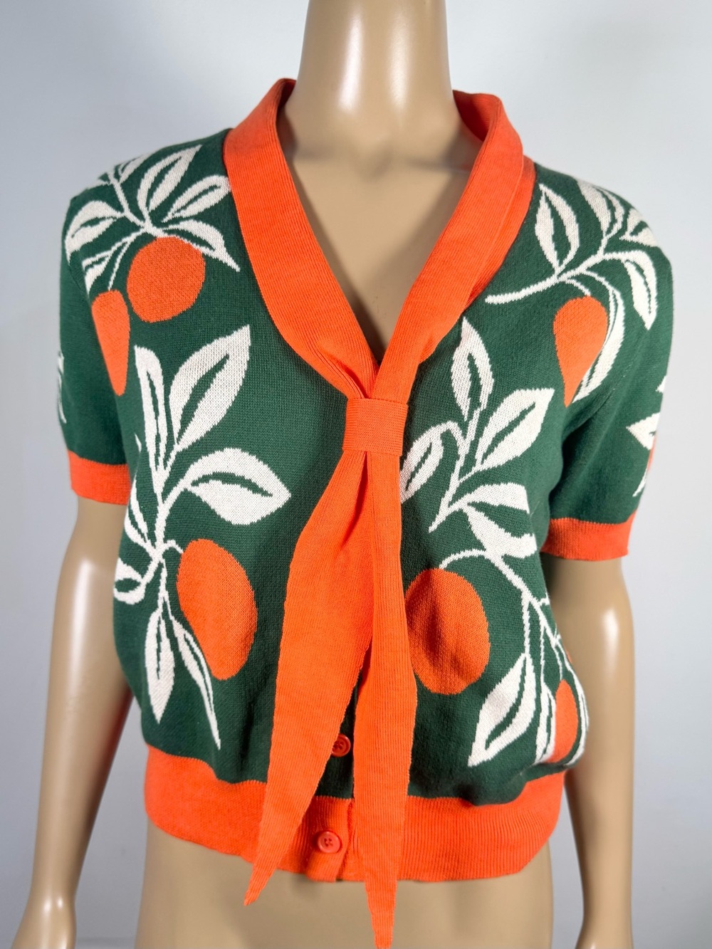 OXKNIT Women’s NWT Size Medium Orange Pattern Button Tie Cardigan 100% Cotton